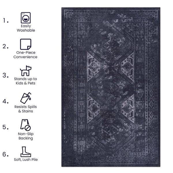 English Elm Maval Chenille Area Rug Bohemian Low Pile Washable Non-Slip for Living Room Black+Gray B189P189005