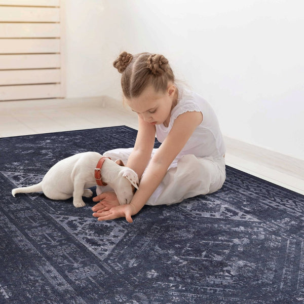 English Elm Maval Washable Chenille Area Rug Bohemian Multicolor Low Pile for Living Rooms Black+Gray B189P189007