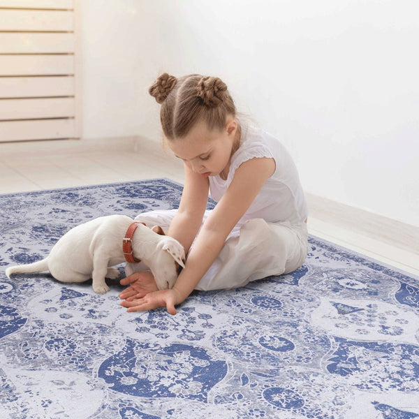 English Elm Maval Chenille Area Rug Bohemian Low Pile Washable Non-Slip for Living Room Blue B189P189021