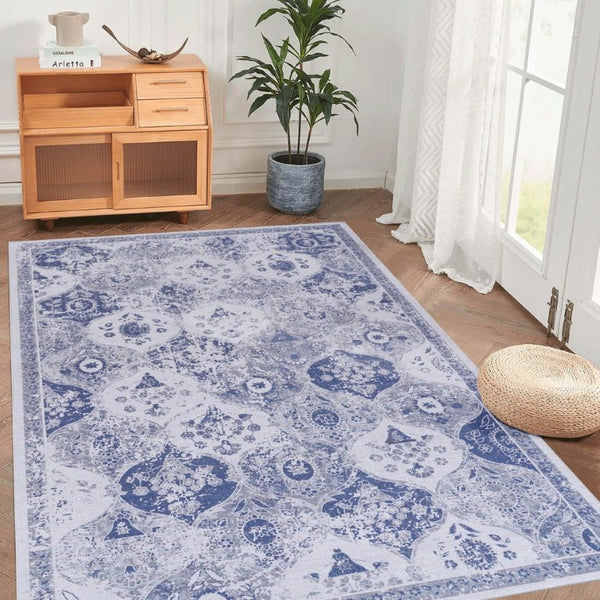 English Elm Maval Chenille Area Rug Machine Washable Low Pile Bohemian Design for Living Room Blue B189P189023