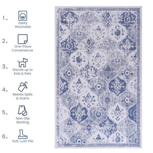 English Elm Maval Chenille Area Rug Machine Washable Low Pile Bohemian Design for Living Room Blue B189P189023