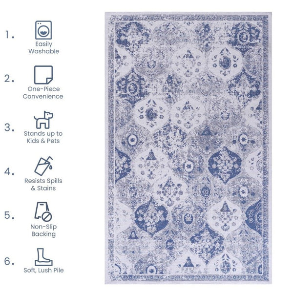 English Elm Maval Chenille Area Rug Machine Washable Low Pile Bohemian Design for Living Room Blue B189P189023