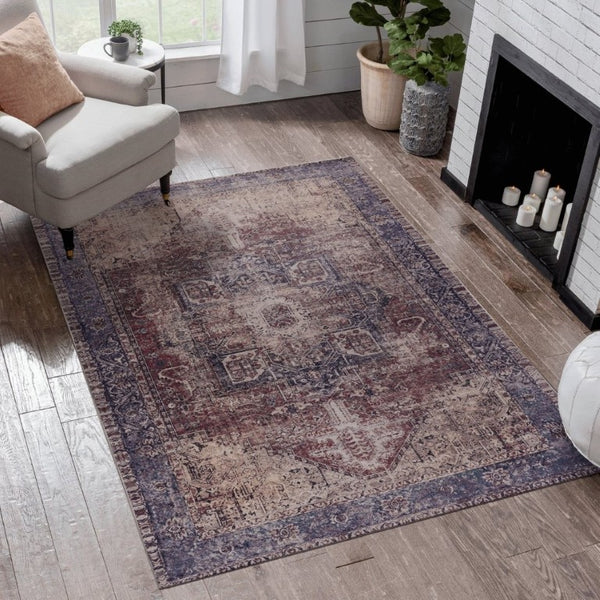 English Elm Maval Chenille Area Rug Machine Washable Low Pile Non-Slip Living Room Floor Burgundy B189P189029