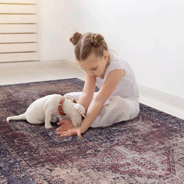 English Elm Maval Chenille Area Rug Machine Washable Low Pile Non-Slip Living Room Floor Burgundy B189P189029