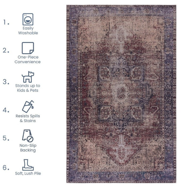 English Elm Maval Chenille Area Rug Machine Washable Low Pile Non-Slip Living Room Floor Burgundy B189P189029