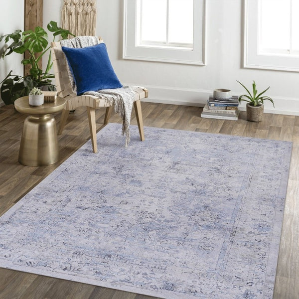 English Elm Maval Chenille Area Rug Machine Washable Low Pile Non-Slip Living Room Floor Blue+Cream B189P189052