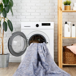 English Elm Maval Chenille Area Rug Machine Washable Low Pile Non-Slip Living Room Floor Blue+Cream B189P189052