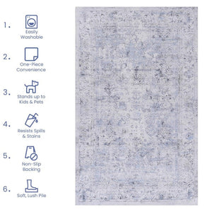 English Elm Maval Chenille Area Rug Machine Washable Low Pile Non-Slip Living Room Floor Blue+Cream B189P189052