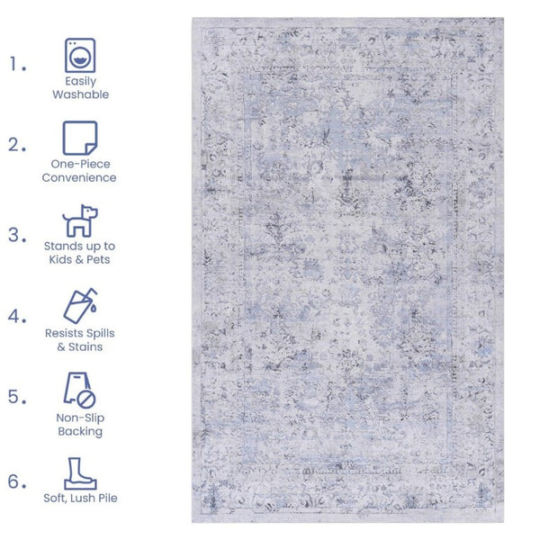 English Elm Maval Chenille Area Rug Machine Washable Low Pile Non-Slip Living Room Floor Blue+Cream B189P189052