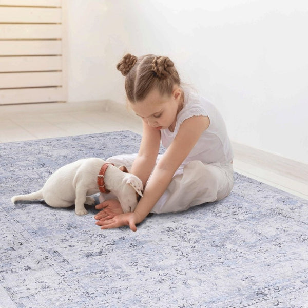 English Elm Maval Chenille Area Rug Machine Washable Low Pile Non-Slip Living Room Floor Blue+Cream B189P189052