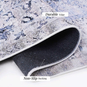 English Elm Maval Chenille Area Rug Machine Washable Low Pile Non-Slip Living Room Floor Blue+Cream B189P189052
