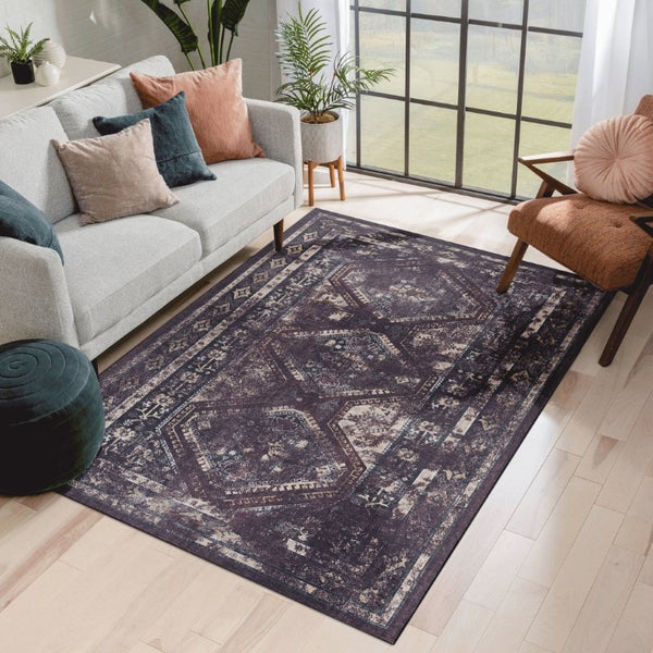 English Elm Maval Chenille Area Rug Machine Washable Low Pile Non-Slip Living Room Floor Black+Burgundy B189P189054