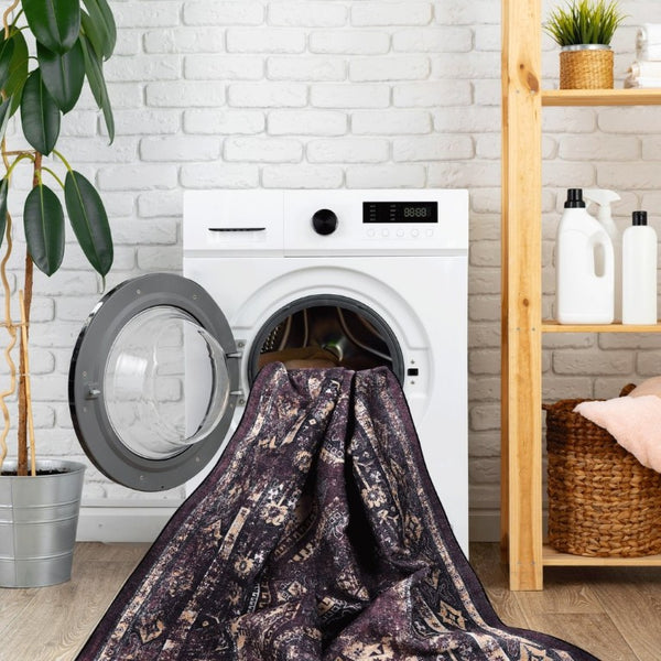 English Elm Maval Chenille Area Rug Machine Washable Low Pile Non-Slip Living Room Floor Black+Burgundy B189P189054
