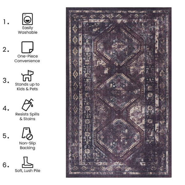 English Elm Maval Chenille Area Rug Machine Washable Low Pile Non-Slip Living Room Floor Black+Burgundy B189P189054