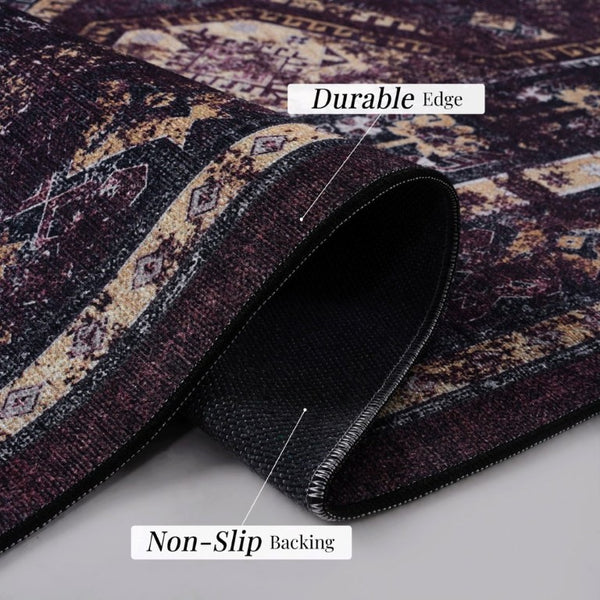 English Elm Maval Chenille Area Rug Machine Washable Low Pile Non-Slip Living Room Floor Black+Burgundy B189P189054