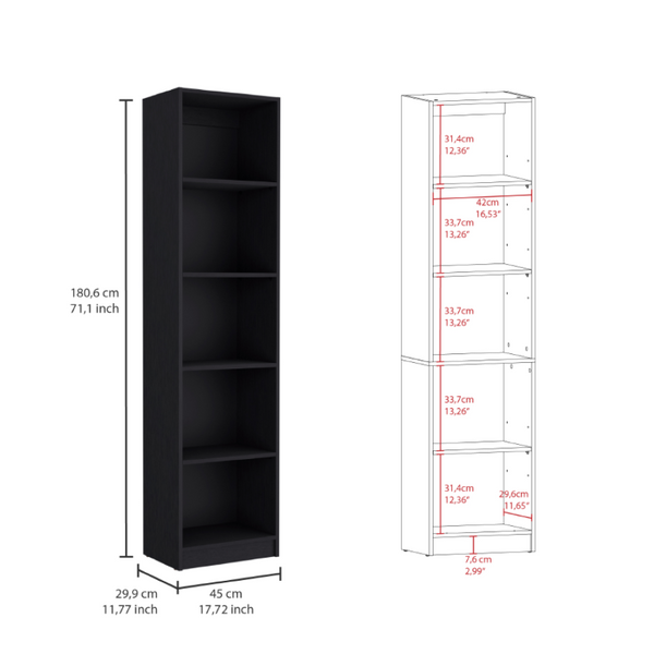 English Elm Home Xs Five Shelf Narrow Tower Bookcase Matte Black Finish for Modern Spaces B200137819