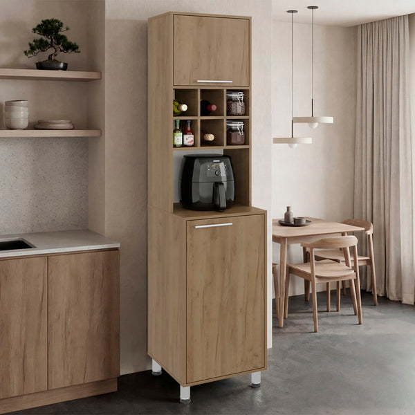English Elm Attica Tall Pantry Cabinet White Finish Dual Door Six Cubbies Four Interior Shelves Light Oak B200P524537