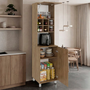 English Elm Attica Tall Pantry Cabinet White Finish Dual Door Six Cubbies Four Interior Shelves Light Oak B200P524537