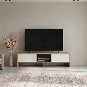 English Elm Dago Modern Media Console with Four Open Shelves Two Doors and Raised Leg Design B200P524541