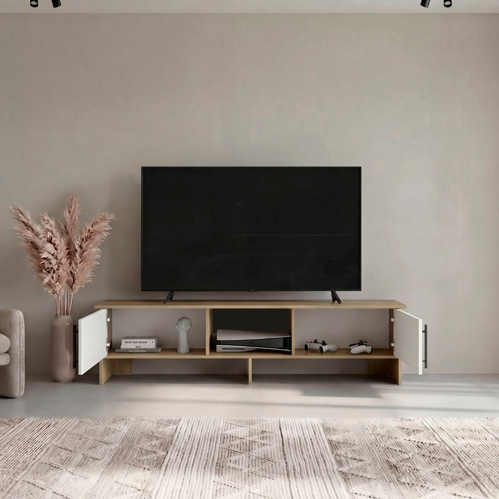 English Elm Dago Modern Media Console with Four Open Shelves Two Doors and Raised Leg Design B200P524541