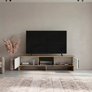 English Elm Dago Modern Media Console with Four Open Shelves Two Doors and Raised Leg Design B200P524541