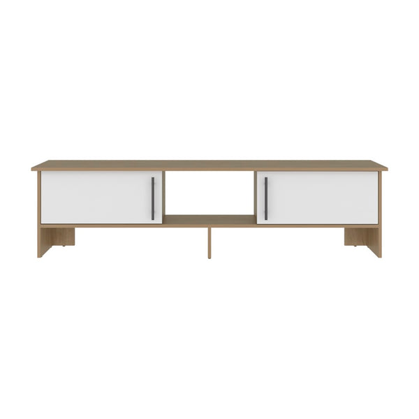 English Elm Dago Modern Media Console with Four Open Shelves Two Doors and Raised Leg Design B200P524541