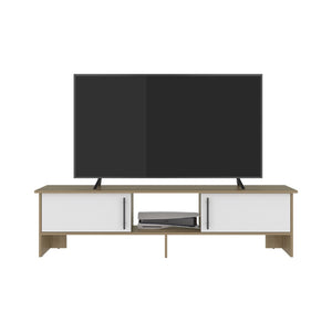 English Elm Dago Modern Media Console with Four Open Shelves Two Doors and Raised Leg Design B200P524541