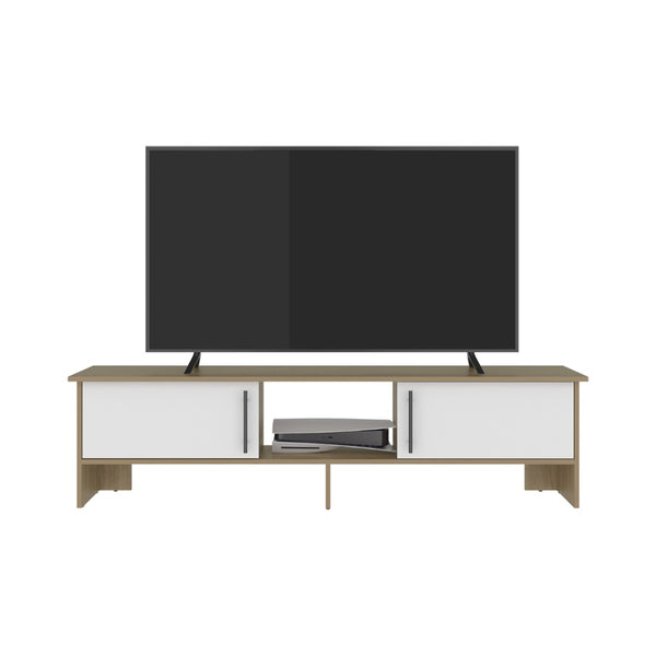 English Elm Dago Modern Media Console with Four Open Shelves Two Doors and Raised Leg Design B200P524541