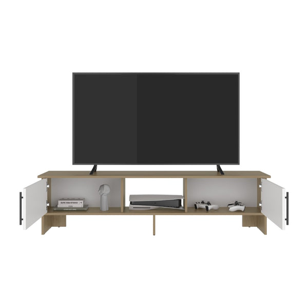English Elm Dago Modern Media Console with Four Open Shelves Two Doors and Raised Leg Design B200P524541