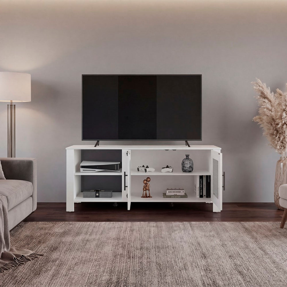English Elm Freedom 65 Inch Media Console with Open Shelves Raised Legs and Enclosed Doors B200P524543