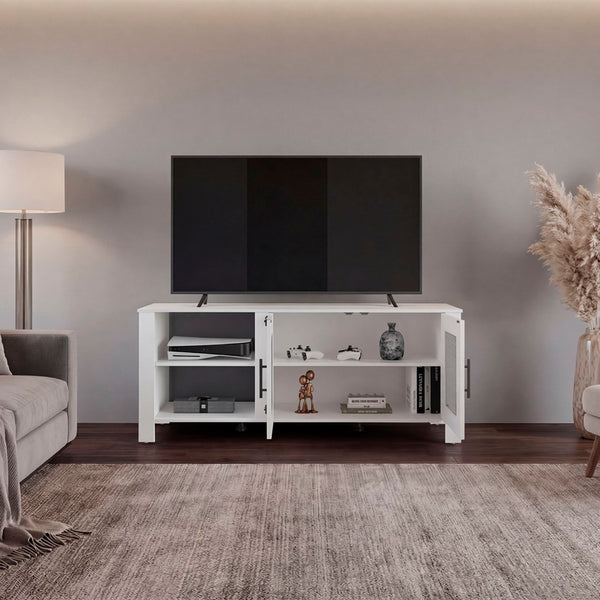 English Elm Freedom 65 Inch Media Console with Open Shelves Raised Legs and Enclosed Doors B200P524543