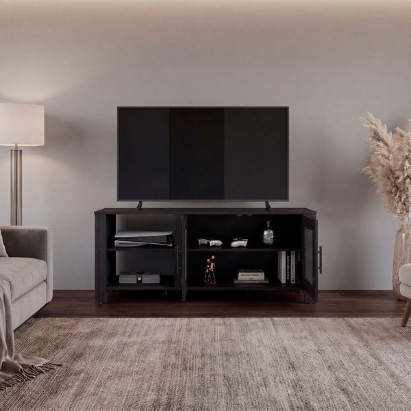 English Elm Freedom Engineered Wood TV Console with Open Shelves Enclosed Doors and Raised Legs B200P524568