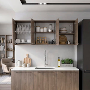 English Elm Superior Three Section Wall Cabinet with Glass Display Dish Rack and Four Shelves B200P543533