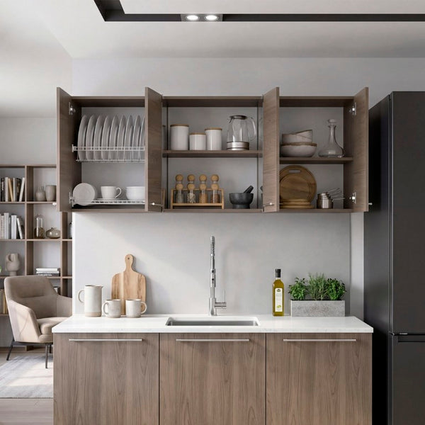 English Elm Superior Three Section Wall Cabinet with Glass Display Dish Rack and Four Shelves B200P543533