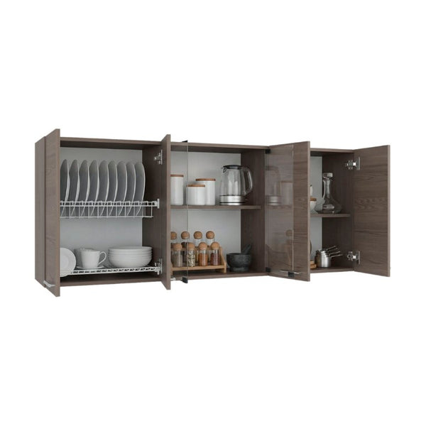 English Elm Superior Three Section Wall Cabinet with Glass Display Dish Rack and Four Shelves B200P543533