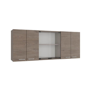 English Elm Superior Three Section Wall Cabinet with Glass Display Dish Rack and Four Shelves B200P543533