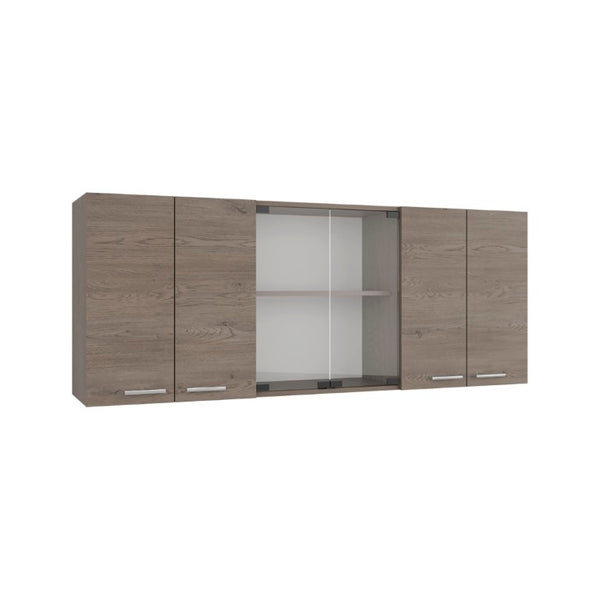 English Elm Superior Three Section Wall Cabinet with Glass Display Dish Rack and Four Shelves B200P543533