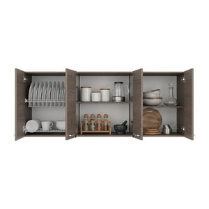 English Elm Superior Three Section Wall Cabinet with Glass Display Dish Rack and Four Shelves B200P543533