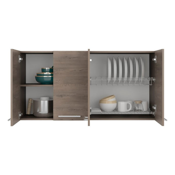 English Elm 120 Inch Wall Mounted Kitchen Cabinet with Dish Rack Pantry and Overhead Storage Natural Wood Wash B200P543534