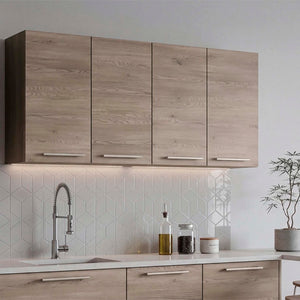 English Elm 120 Inch Wall Mounted Kitchen Cabinet with Dish Rack Pantry and Overhead Storage Natural Wood Wash B200P543534