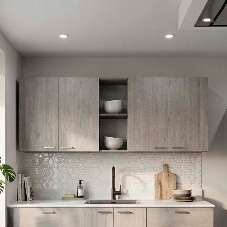 English Elm Portofino Wall Mounted Kitchen Cabinet with Open Shelving Dish Rack and Four Panel Doors Natural Wood Wash B200P543535