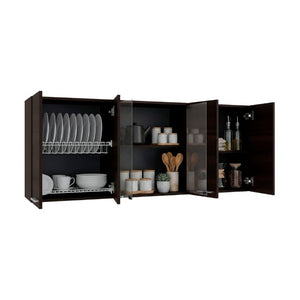 English Elm Superior Three Section Wall Cabinet with Glass Display Built in Dish Rack Kitchen B200P543536
