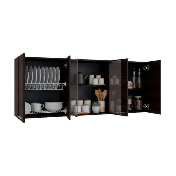 English Elm Superior Three Section Wall Cabinet with Glass Display Built in Dish Rack Kitchen B200P543536