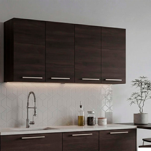 English Elm 120 Inch Wall Mounted Kitchen Cabinet with Dish Rack Pantry and Overhead Storage Dark Walnut B200P543537