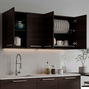 English Elm 120 Inch Wall Mounted Kitchen Cabinet with Dish Rack Pantry and Overhead Storage Dark Walnut B200P543537