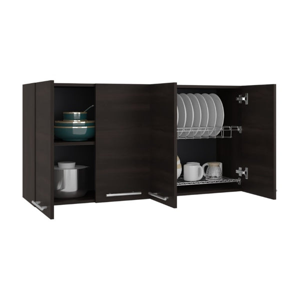 English Elm 120 Inch Wall Mounted Kitchen Cabinet with Dish Rack Pantry and Overhead Storage Dark Walnut B200P543537