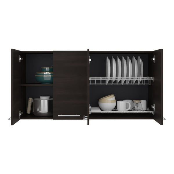 English Elm 120 Inch Wall Mounted Kitchen Cabinet with Dish Rack Pantry and Overhead Storage Dark Walnut B200P543537