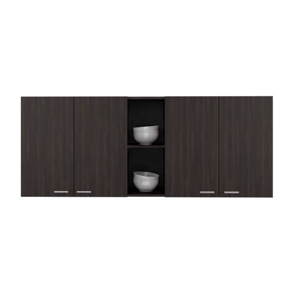 English Elm Portofino Wall Mounted Kitchen Cabinet with Open Shelving Dish Rack and Four Panel Doors Dark Walnut B200P543538
