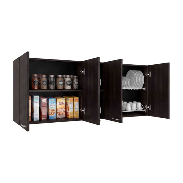 English Elm Portofino Wall Mounted Kitchen Cabinet with Open Shelving Dish Rack and Four Panel Doors Dark Walnut B200P543538