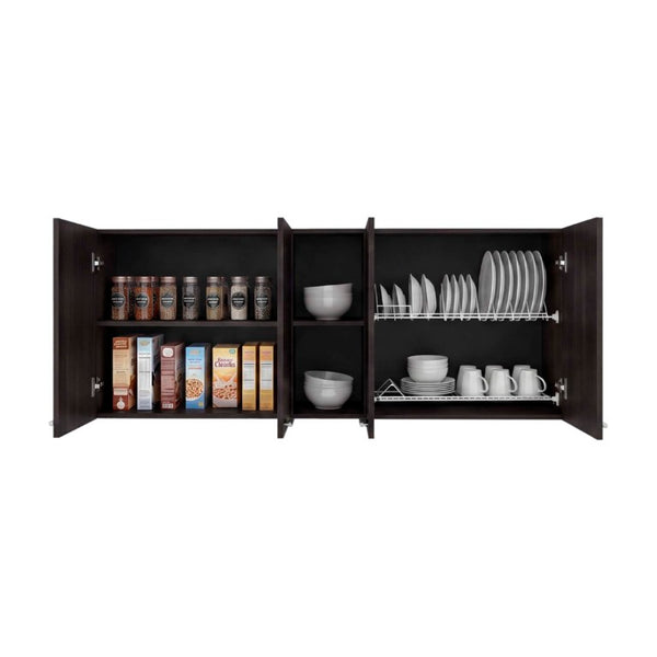 English Elm Portofino Wall Mounted Kitchen Cabinet with Open Shelving Dish Rack and Four Panel Doors Dark Walnut B200P543538